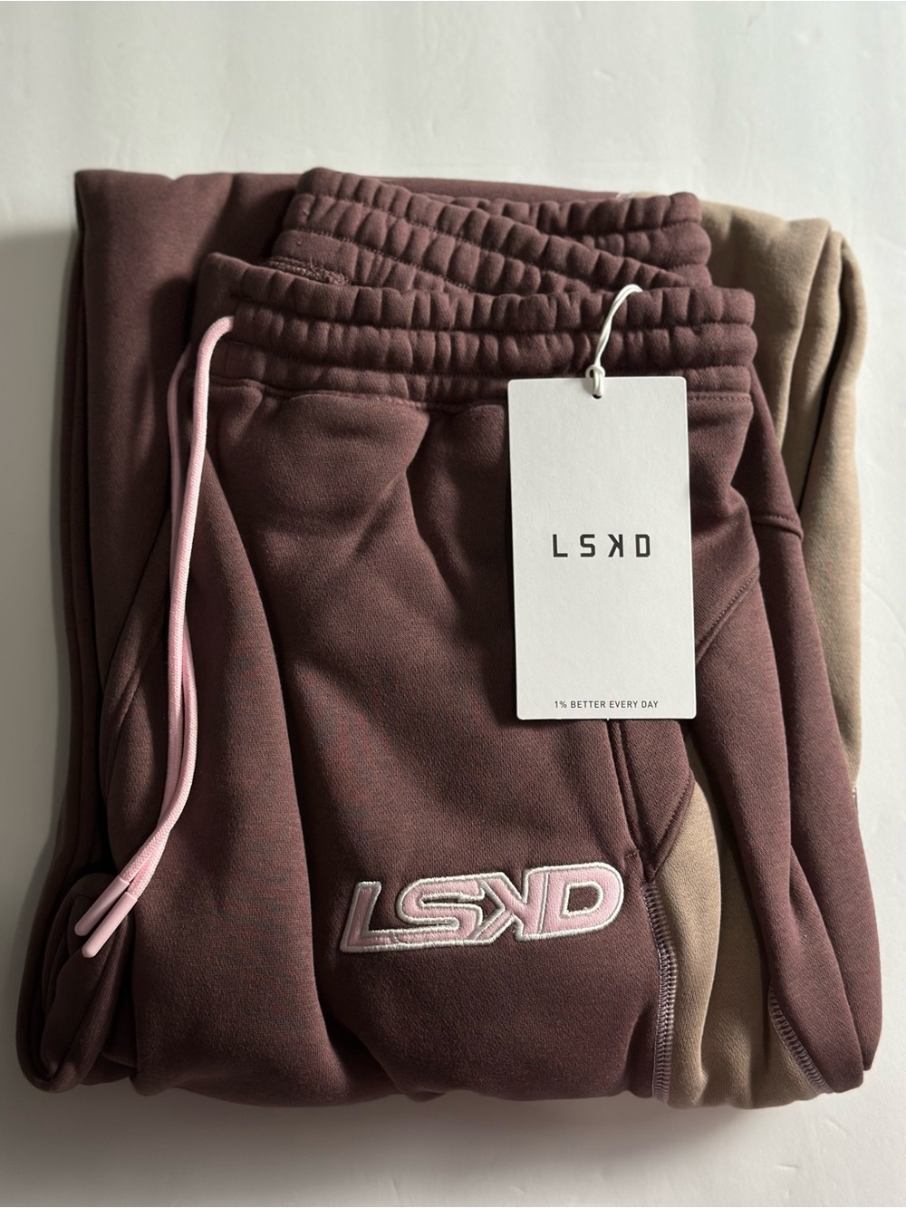 LSKD Power Play Stitch Up Fleece Sweat Pant In Cocoa Powder/Marshmallow NWT - Picture 6 of 8